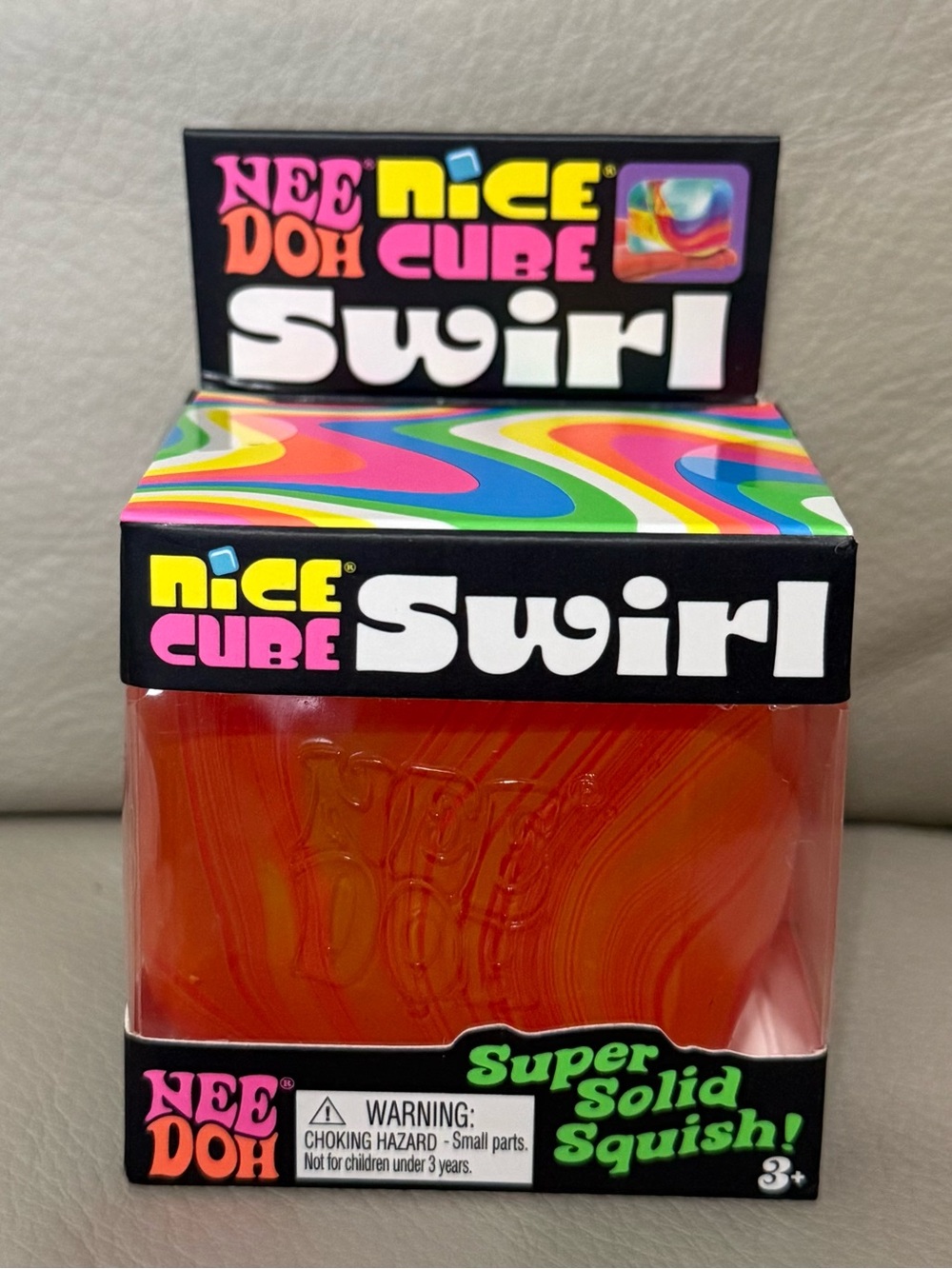 NeeDoh Nice Cube SWIRL Super Solid Squish Squeezable Squishy Orange Red